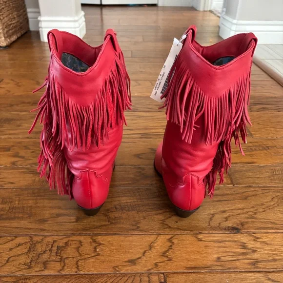 NWT Vintage 1980s Dingo Red Leather Boots with Fringe Women's US Size 7.5 - Picture 3 of 7
